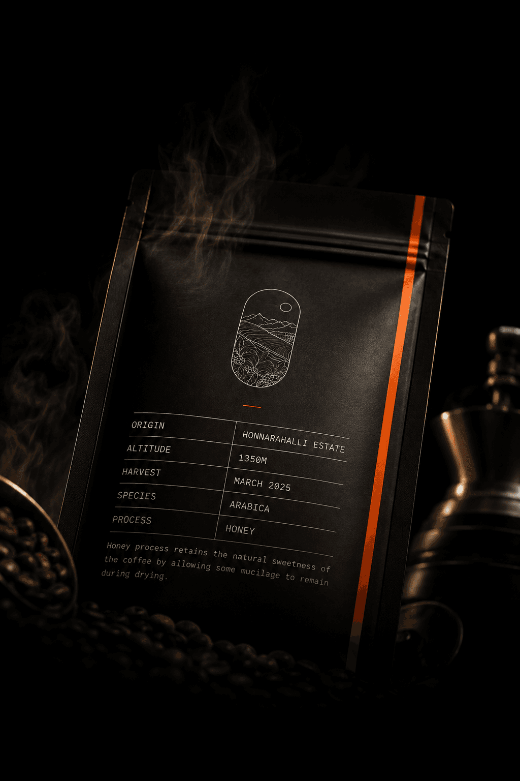 Close-up of a bag label listing origin, altitude, harvest, species, and process for Honnarahalli Estate.