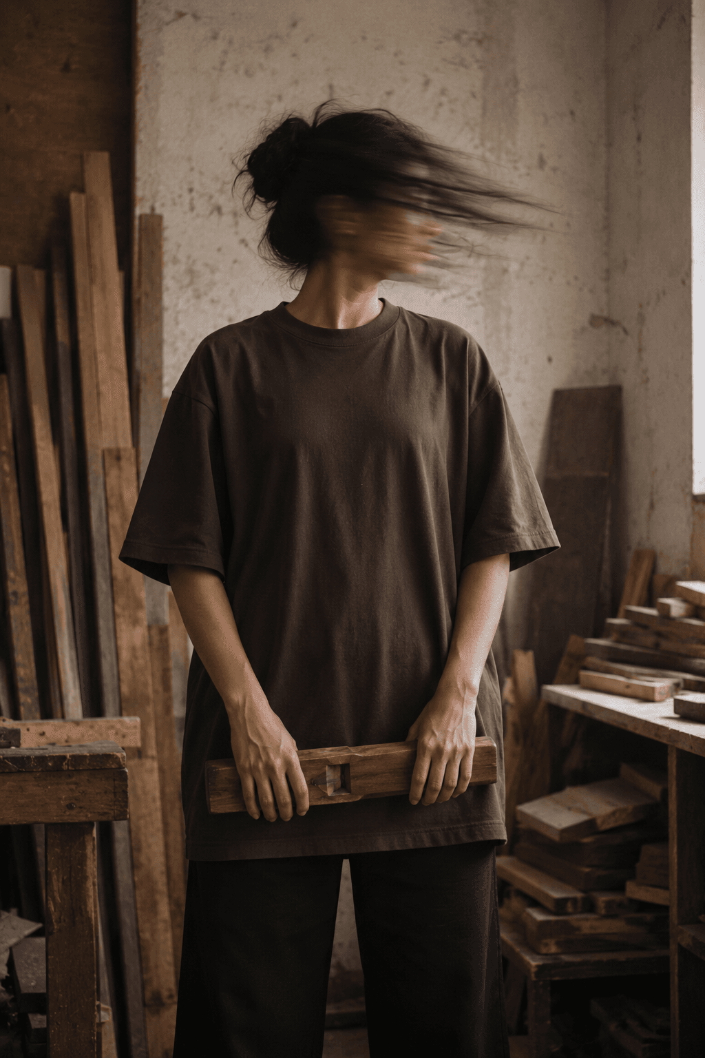 The same tee after twenty-five washes, laid flat in the same position — collar and hem still square, the colour very slightly softened.